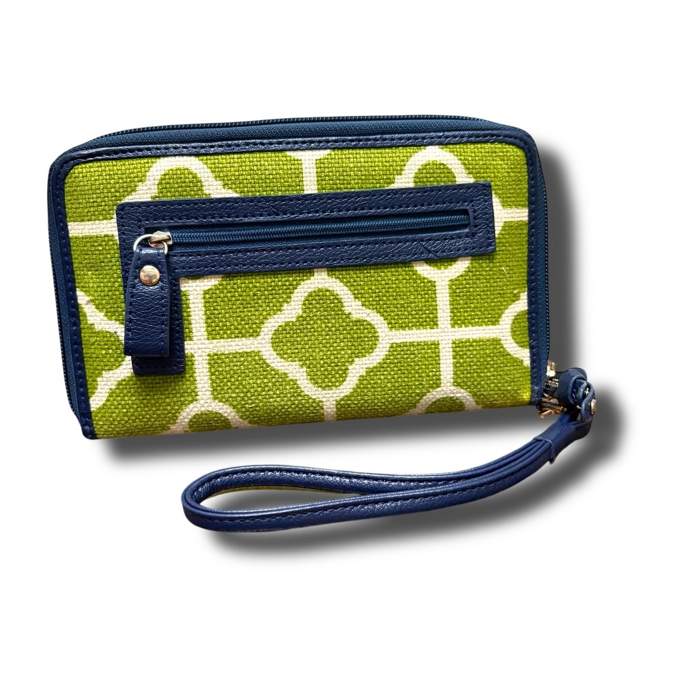 Spartina 449‎ Green Navy Linen Leather Quatrefoil Zip Around Wristlet Wallet - Picture 4 of 6